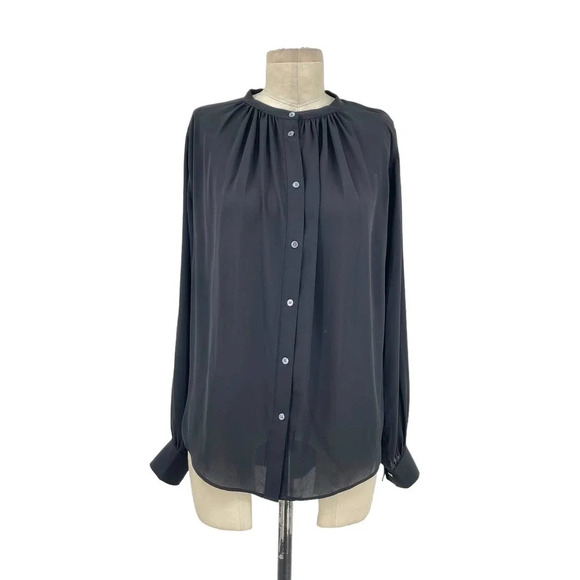 Aritzia Babaton Blouse Top Button Down Collarless Long Sleeve Satin Black Small - Picture 1 of 9